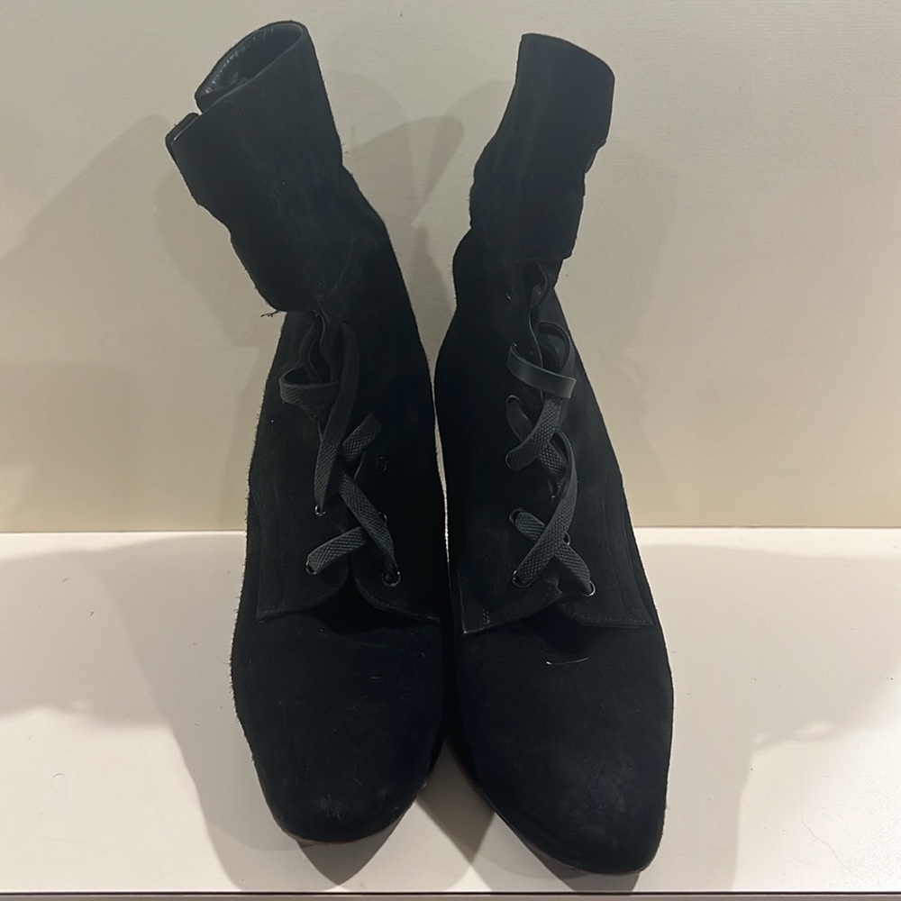 Ann Klein Victorian Lace Up Granny Boots Black Suede Leather Sz 8.5 N,
